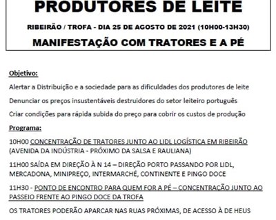 Produtores de leite manifestam-se na Trofa a 25 de Agosto