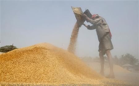 A labourer works at a rice mill on the outskirts of Agartala