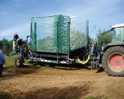 Demonstração de máquina de colheita em contínuo de azeitona